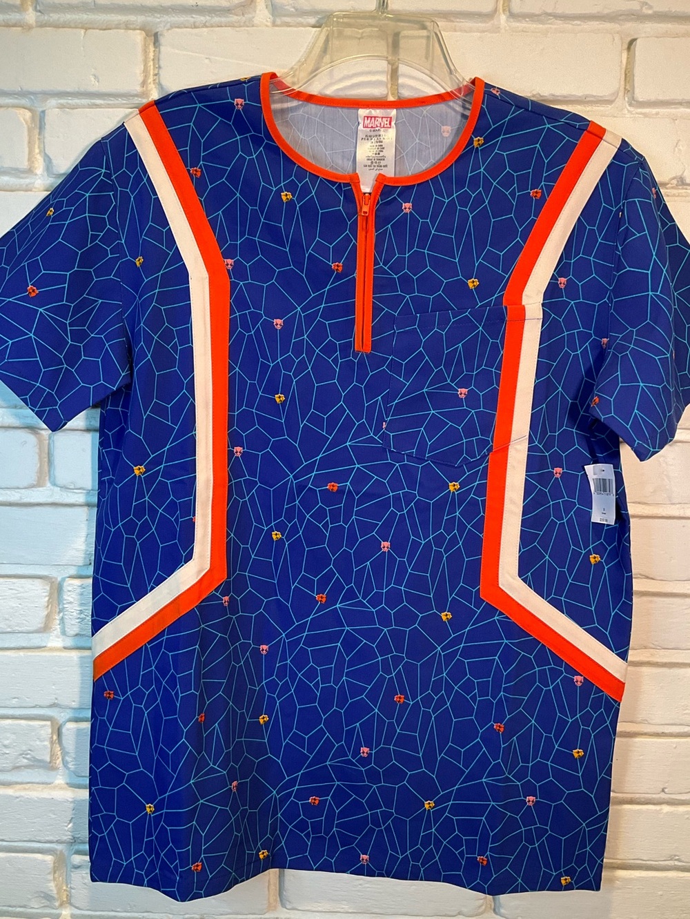 Marvel Black Panther Wakanda Forever Scrub Top Blue Orange Geometric Print Men S